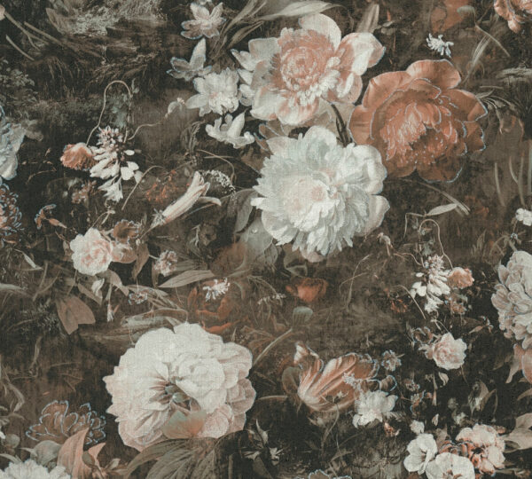 Die Vintage Blumentapete hat ein klassischen Rosenmuster in Creme und Braun Farben, die eine zeitlose und klassische Atmosphäre und individuelle Optik in jeden Raum bringen.