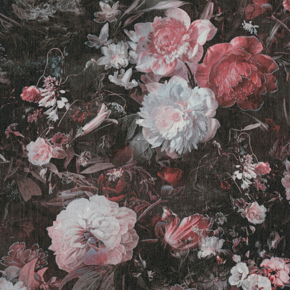 Die Rosen Tapete hat ein Rosenmuster im Vintage-Stil, in Metallic, Schwarz und Weiß Farben, die eine zeitlose und elegante Atmosphäre und individuelle Optik in jeden Raum bringen.