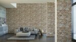 Die Braune Steintapete mit Ziegelmaueroptik präsentiert sich in zeitlosem Braun-Grau und verleiht jedem Raum eine rustikale und authentische Optik durch das realistische Ziegelmauer-Design, es wirkt wie eine echte Ziegelmauer.